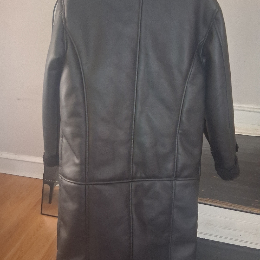 Black Faux Leather Coat with Shearling Collar - Picture 5 of 5